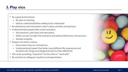 A presentation slide titled "3. Play Nice" features a text box with consulting guidelines on effective communication and understanding client culture, accompanied by an image of colorful, smiling rubber balls on the right side that underscores the importance of ethics as highlighted in the product "Being a Professional Consultant" by Purchase Only | No Online Access.