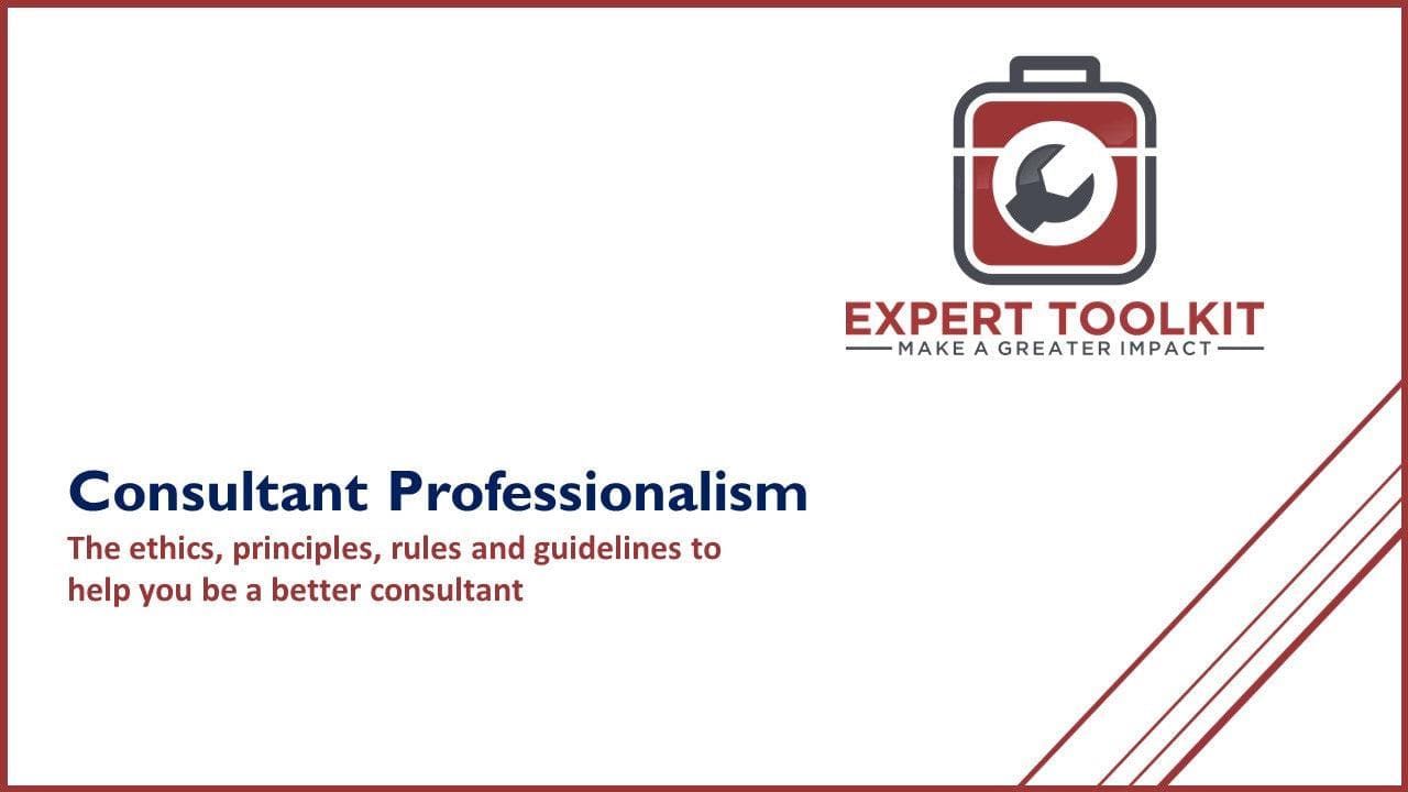 Slide titled "Being a Professional Consultant" features a toolbox logo with a wrench and screwdriver. The subtitle, "The ethics, principles, rules, and consulting guidelines to help you be a better consultant," is displayed on a white background with red accents and diagonal lines. This product is by Purchase Only | No Online Access.