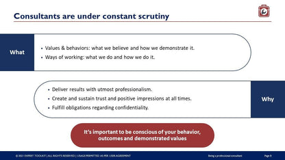 A slide titled "Consultants are under constant scrutiny" from the product *Being a Professional Consultant* by Purchase Only | No Online Access explores consulting guidelines by focusing on values, behaviors, and working methodologies. The "Why" section emphasizes delivering results, building trust, and maintaining confidentiality. A red box highlights the significance of being aware of one's behavior.