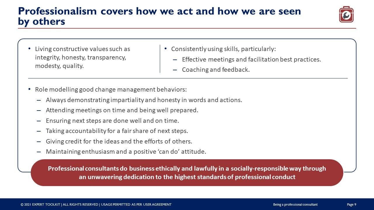 A presentation slide titled "Professionalism covers how we act and how we are seen by others" features sections on integrity, honesty, consistently using skills, effective meetings, and maintaining enthusiasm. A red box highlights the significance of consulting guidelines for maintaining professionalism as outlined in the product "Being a Professional Consultant" by Purchase Only | No Online Access.