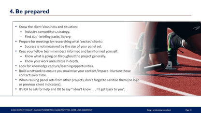 Slide titled "4. Be prepared" from the "Being a Professional Consultant" series by Purchase Only | No Online Access presents essential professional preparation tips for a successful consulting journey. Tips include understanding the client's business, adhering to consulting guidelines, staying informed, networking effectively, and leveraging past projects. The slide's background features a blurred image of someone writing with a laptop on a desk.