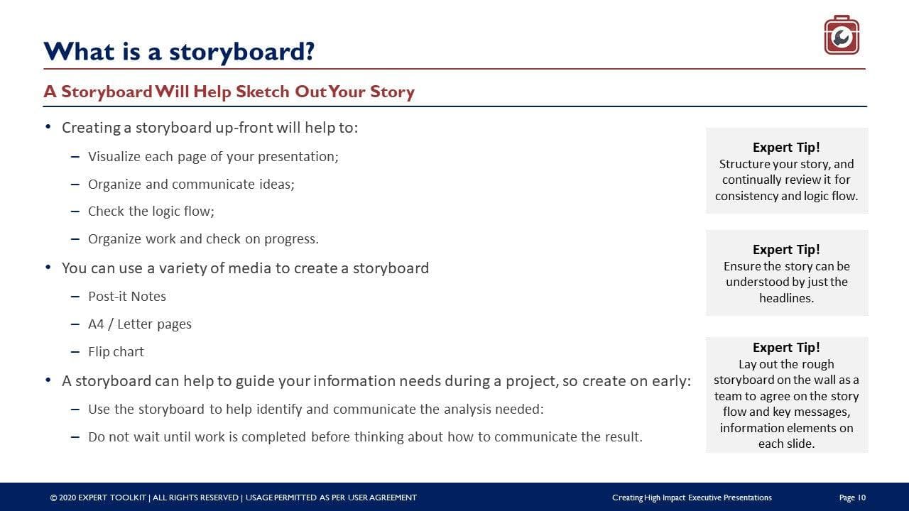 A slide in the presentation titled "What is a storyboard?" from *Creating High Impact Executive Presentations* by Purchase Only | No Online Access highlights sections such as "Creating a Storyboard Up Front Will Help You To..." with bullet points focusing on persuasive storytelling. It recommends using diverse materials like Post-it Notes for effective communication and includes "Expert Tip!" boxes offering guidance on structuring and logical flow for executive presentations.