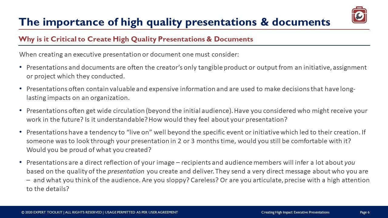 Slide titled "Creating High Impact Executive Presentations." Bullet points explore crafting compelling communication, underscoring how premium content influences audience perception, legacy, and credibility. Emphasizes its role in organizational success and personal pride in one's work. Brought to you by Purchase Only | No Online Access.