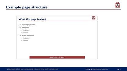 Slide titled "Example page structure" from *Creating High Impact Executive Presentations* by Purchase Only | No Online Access, highlighting persuasive storytelling techniques. It presents "A key category or idea" starting with "A main point," followed by sub-points such as "A sub-point" and "A second." This is followed by "A second main point" accompanied by similar sub-points. The footer emphasizes effective communication, with implications and legal text included below.