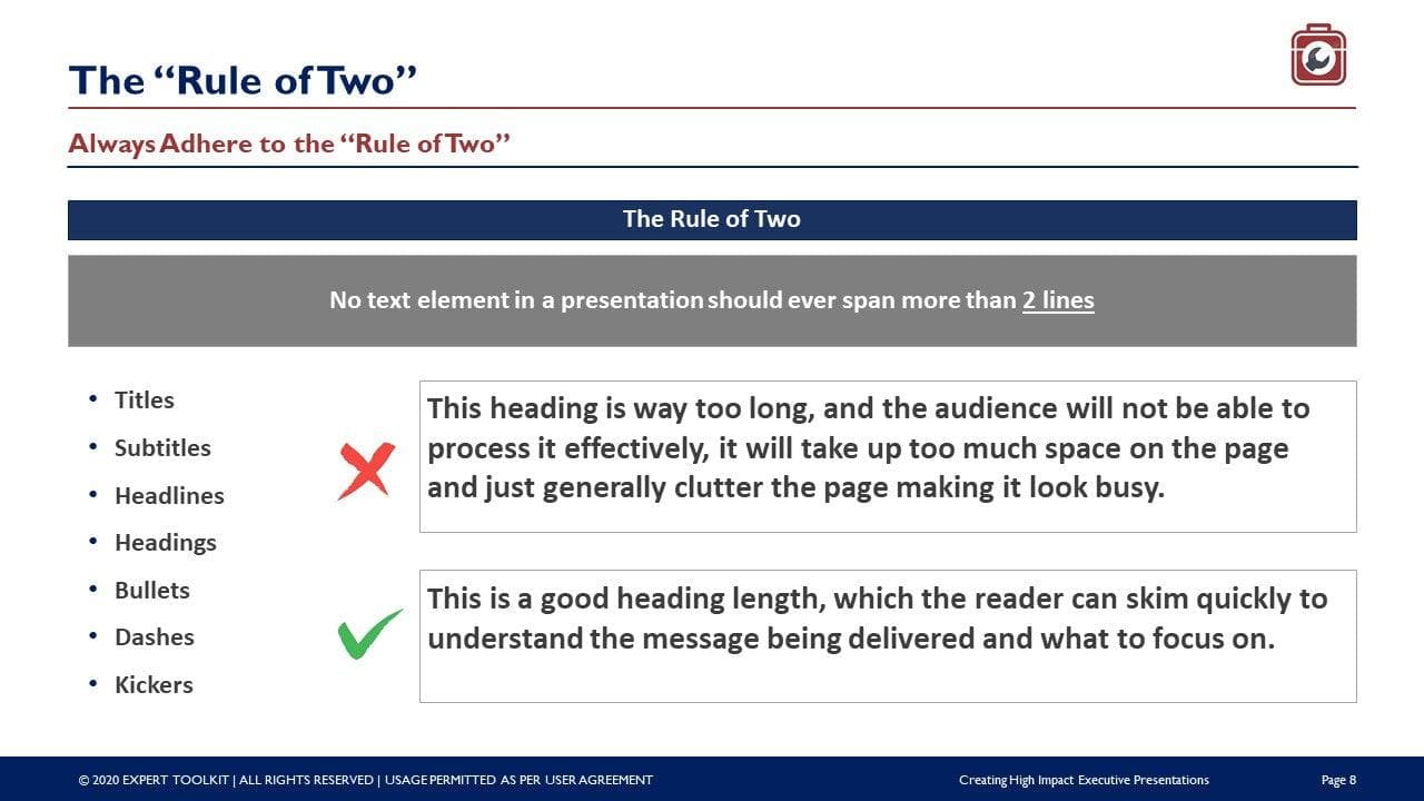 A slide titled "The 'Rule of Two'" from the product "Creating High Impact Executive Presentations" by Purchase Only | No Online Access underscores effective communication through concise text. It features two parts: one displaying a lengthy paragraph as an example of poor practice, and another with a succinct version demonstrating best practices for skimmable content, including brief titles, subtitles, headlines, and lists tailored for executive presentations.