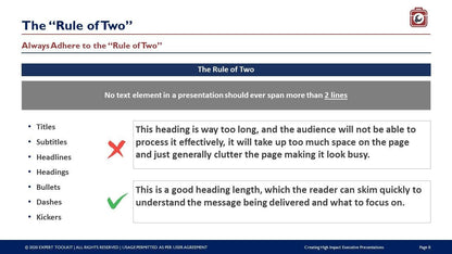 A slide titled "The 'Rule of Two'" from the product "Creating High Impact Executive Presentations" by Purchase Only | No Online Access underscores effective communication through concise text. It features two parts: one displaying a lengthy paragraph as an example of poor practice, and another with a succinct version demonstrating best practices for skimmable content, including brief titles, subtitles, headlines, and lists tailored for executive presentations.