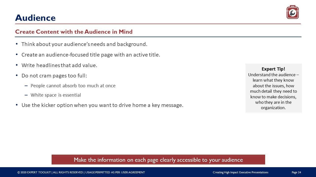 A slide titled "Audience" in the product "Creating High Impact Executive Presentations" by Purchase Only | No Online Access provides guidance on crafting audience-focused content for executive presentations. It emphasizes utilizing active titles, preventing text overcrowding, and appreciating white space. An "Expert Tip" underscores the importance of understanding audience needs and employing persuasive storytelling to influence their decision-making process.