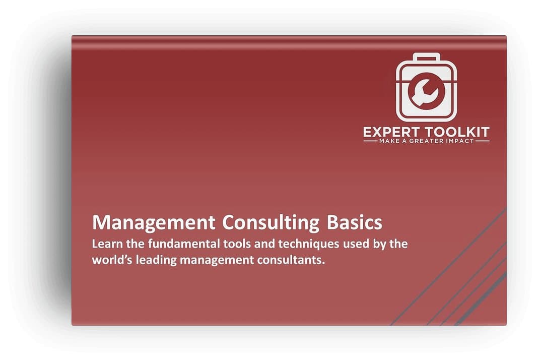 The cover of "Management Consulting Basics" by Purchase Only | No Online Access showcases a red rectangular design with the book's title in white lettering. It features a logo depicting a briefcase and stopwatch, alongside the phrase "EXPERT TOOLKIT: MAKE A GREATER IMPACT." Diagonal gray lines adorn the bottom right corner, suggesting vital business analysis skills.