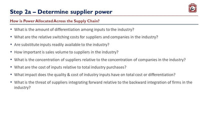 The slide titled "Step 2a – Determine supplier power" from the Management Consulting Basics by Purchase Only | No Online Access delves into management consulting fundamentals by examining supply chain power allocation. It covers topics such as input switching costs, substitute availability, sales volume significance, industry concentration, input cost ratios, and integration threats.