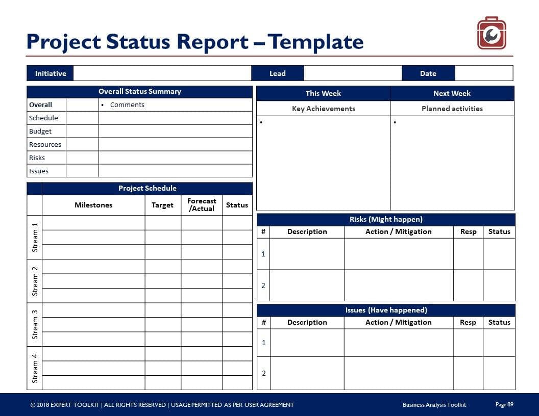 The Management Consulting Toolkit by Purchase Only | No Online Access offers a Project Status Report template. This template includes sections for initiative details, lead, date, and a summary table for the overall status with comments. It seamlessly integrates consulting strategies with a weekly achievements plan and tracks milestones progress, with dedicated spaces to record and describe risks and issues along with their status.