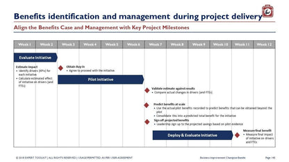 The project delivery timeline for "The Business Improvement Champion" spans 12 weeks, covering the phases: Evaluate Initiative, Pilot Initiative, and Deploy & Evaluate Initiative. Key tasks—streamlined by Balanced Scorecards—include estimation, buy-in, validation, scaling, prediction, and measurement. Note that there is no online access; it is available under the brand Purchase Only.