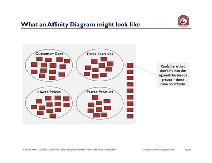 An affinity diagram for "The Business Improvement Champion" by Purchase Only | No Online Access presents four clusters: Customer Care, Extra Features, Lower Prices, and Faster Product. By employing the 5S Method for organization, each cluster contains multiple cards. On the right side, there's a section designated for unclassified cards marked as "no affinity.