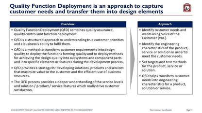 A slide titled "Quality Function Deployment" features two sections: Overview and Approach. The Overview describes "The Customer Experience Guru" by Purchase Only | No Online Access as a customer-centric methodology aligning customer needs with business objectives, while the Approach outlines steps like identifying customer needs, setting targets, and incorporating feedback.