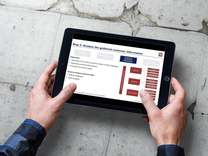 A person in a plaid shirt sits on a stone surface, holding a tablet featuring "The Customer Experience Guru" by Purchase Only | No Online Access. The slide is titled "Step 3: Analyze the gathered customer information" and explores objectives related to understanding customer needs and utilizing data tools. It employs SIPOC modeling to enhance customer centricity with elements such as "Research" and "Sampling".