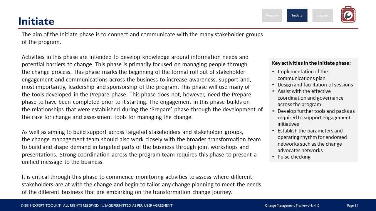 A slide titled "Initiate" in The Master Change Management Practitioner outlines the objectives and activities of the Initiate phase in Stakeholder Management. Key activities are listed on the right, while the main text elaborates on communication and support efforts. The slide features a company logo, a RACI Matrix, and several navigation buttons.