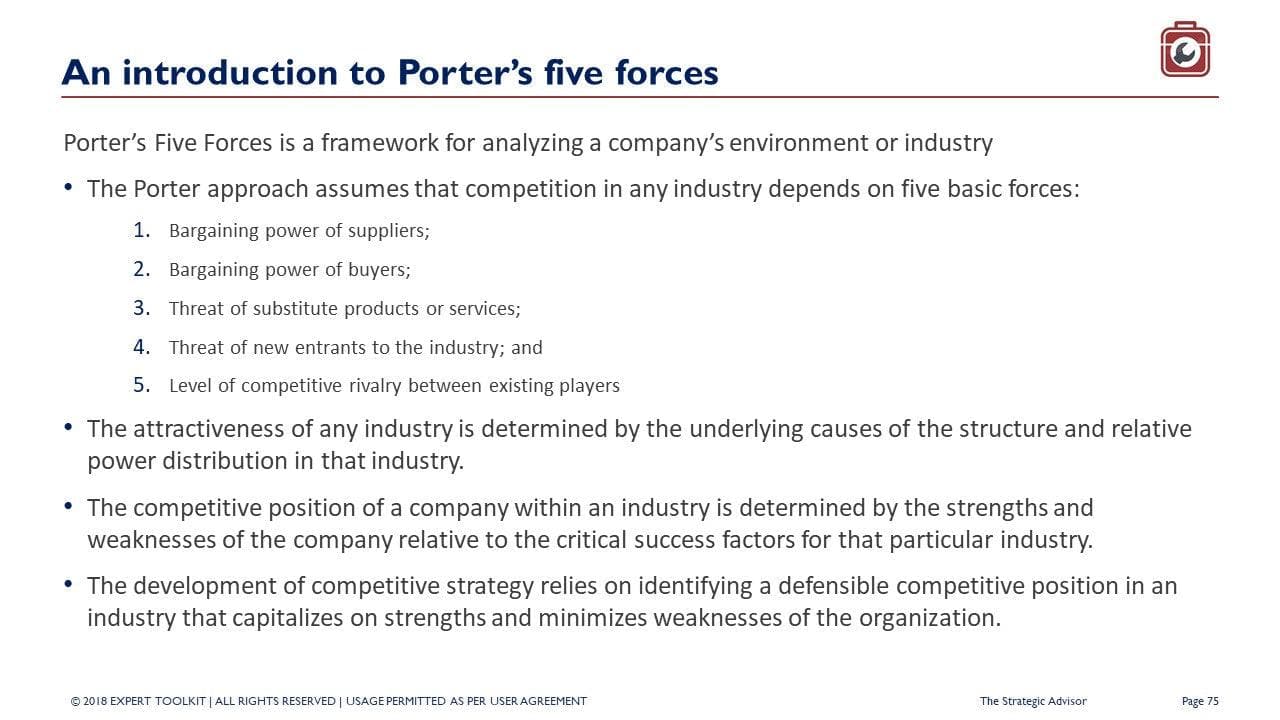 Slide titled "An introduction to Porter’s Five Forces" from The Strategic Advisor by Purchase Only | No Online Access offers insights into this essential framework. Perfect for the business consultant aiming for a strategic edge, it outlines the power of suppliers and buyers, threat of substitutes and new entrants, as well as competitive rivalry using concise bullet points.