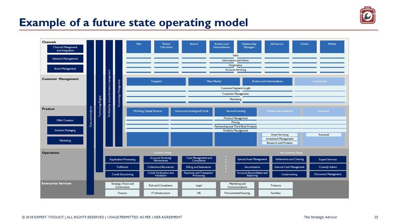 A chart titled "The Strategic Advisor" highlights key business functions to showcase strategic advantages. It features sections for Channels, Customer Management, Product, Operations, and Enterprise Services, with detailed subcategories such as Branch, Customer Segmentation, Product Design, and Credit Processing. This comes from the brand "Purchase Only | No Online Access.